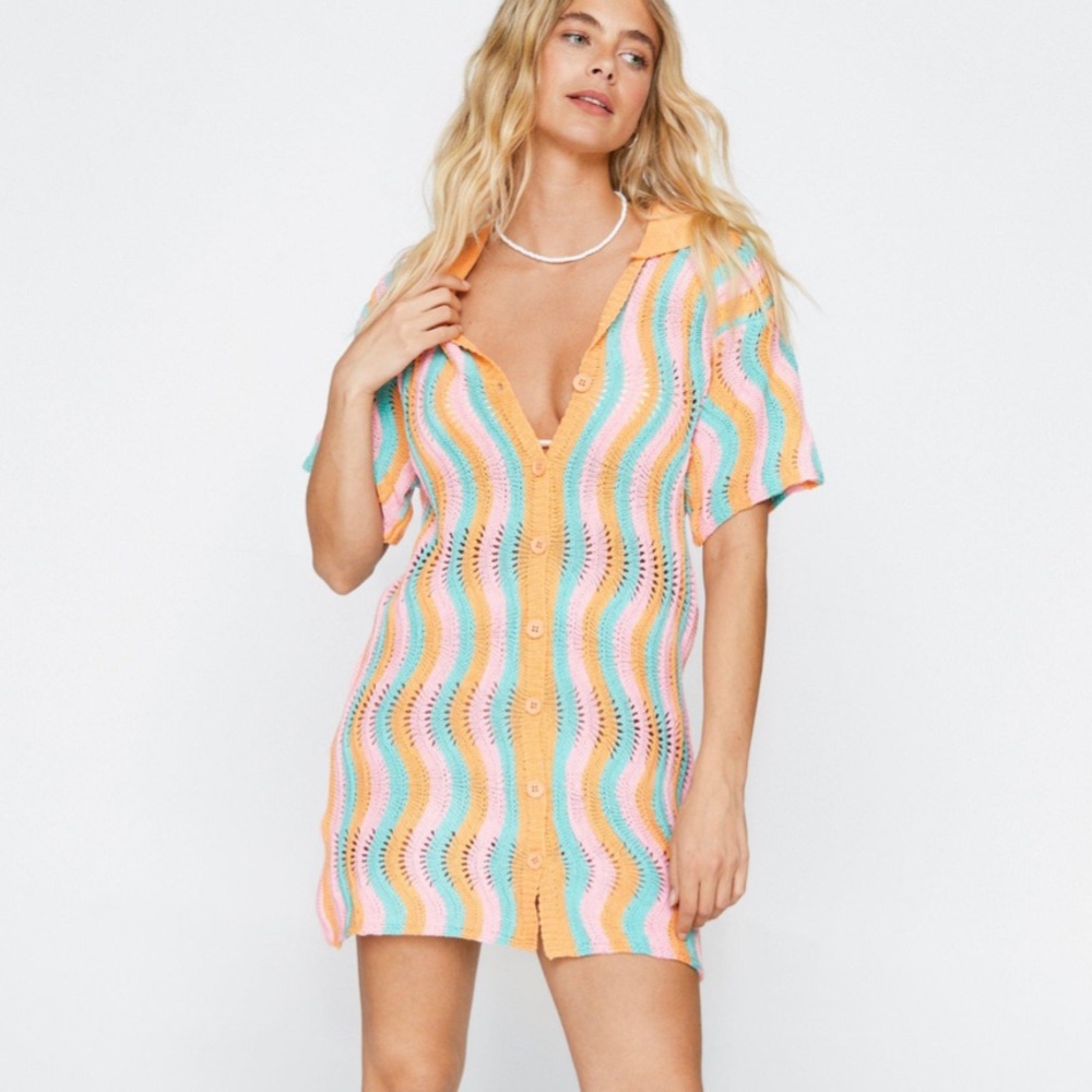 Nasty Gal Wave Print Crochet Beach Shirt Dress Small